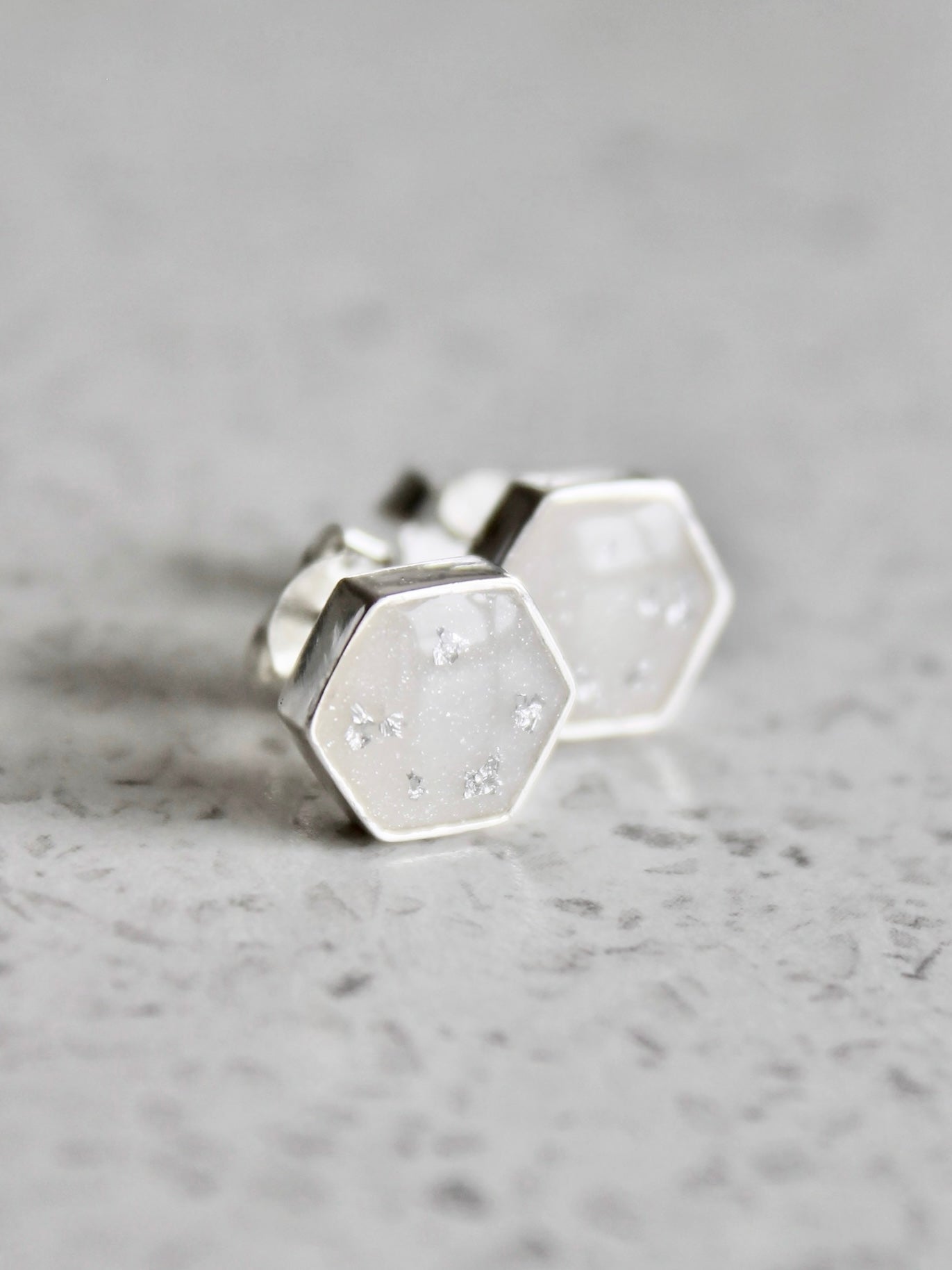 sterling silver hexagon Jane studs with breastmilk, shimmer & silver flecks