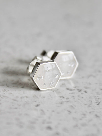sterling silver hexagon Jane studs with breastmilk, shimmer & silver flecks